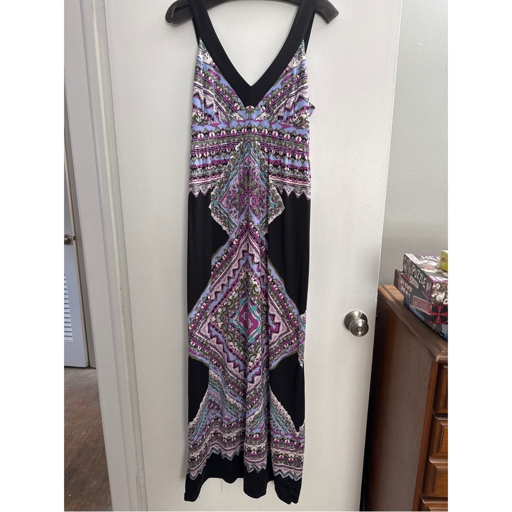 INC International Concepts Black Maxi Dress with Purple and Teal Geometric Print